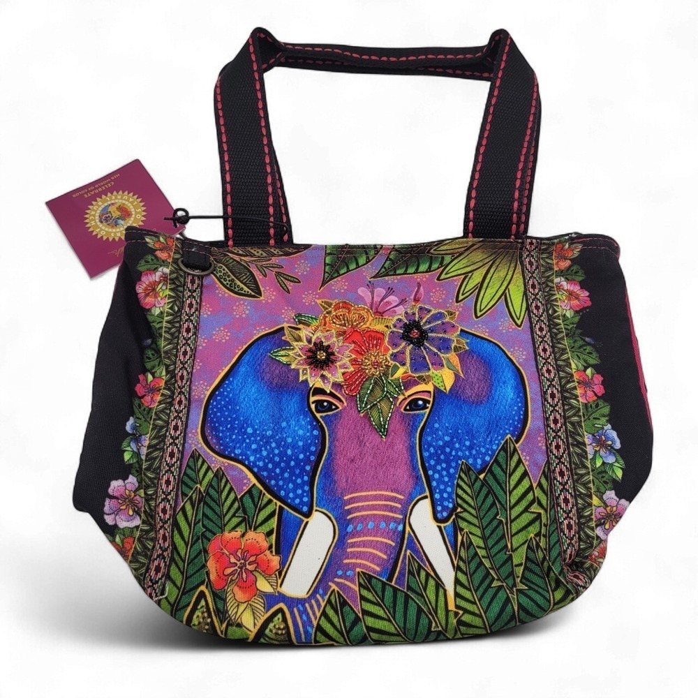 Laurel Burch Artistic Elephant Tote Bag – Medium Canvas Shoulder Purse